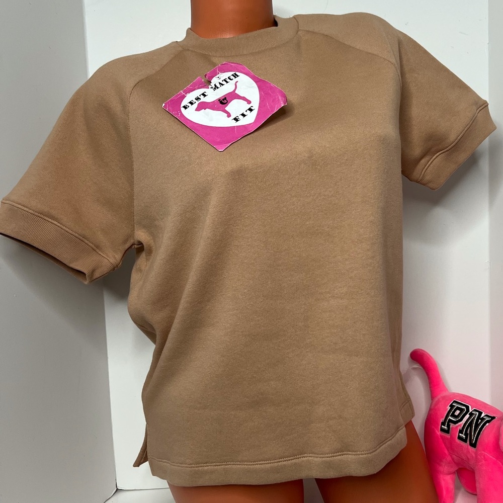 Victoria’s Secret PINK XL XXL Logo Embroidery Cropped Sweatshirt Pullover Tan